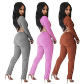 Fashion Women Two Piece Set Backless Cross Bangdage Crop Top + Long Pants Tracksuit Jogging Femme Outfits Winter Sportwear